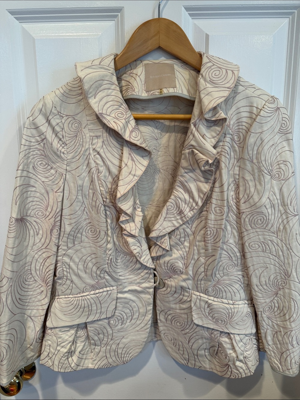 Magaschoni Cream Swirl-Pattern Ruffle Blazer